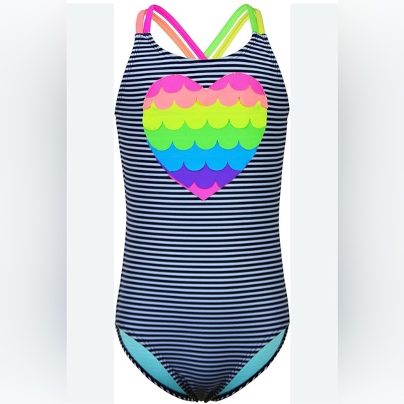 Girls Size 10 Colorful Fish Scales Print Heart Criss Cross Strap 1Piece Swimsuit - Picture 4 of 10